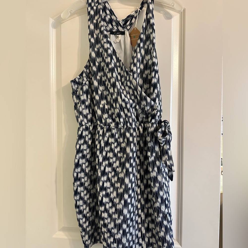 Faux wrap dress, navy and white